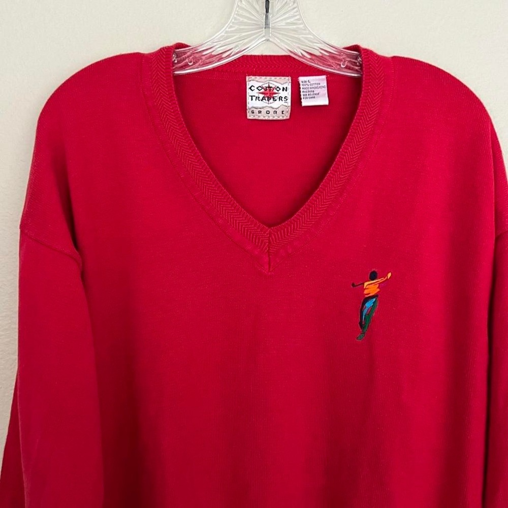 Vintage red v-neck sweater from Cotton Traders with fun colorful embroidery
